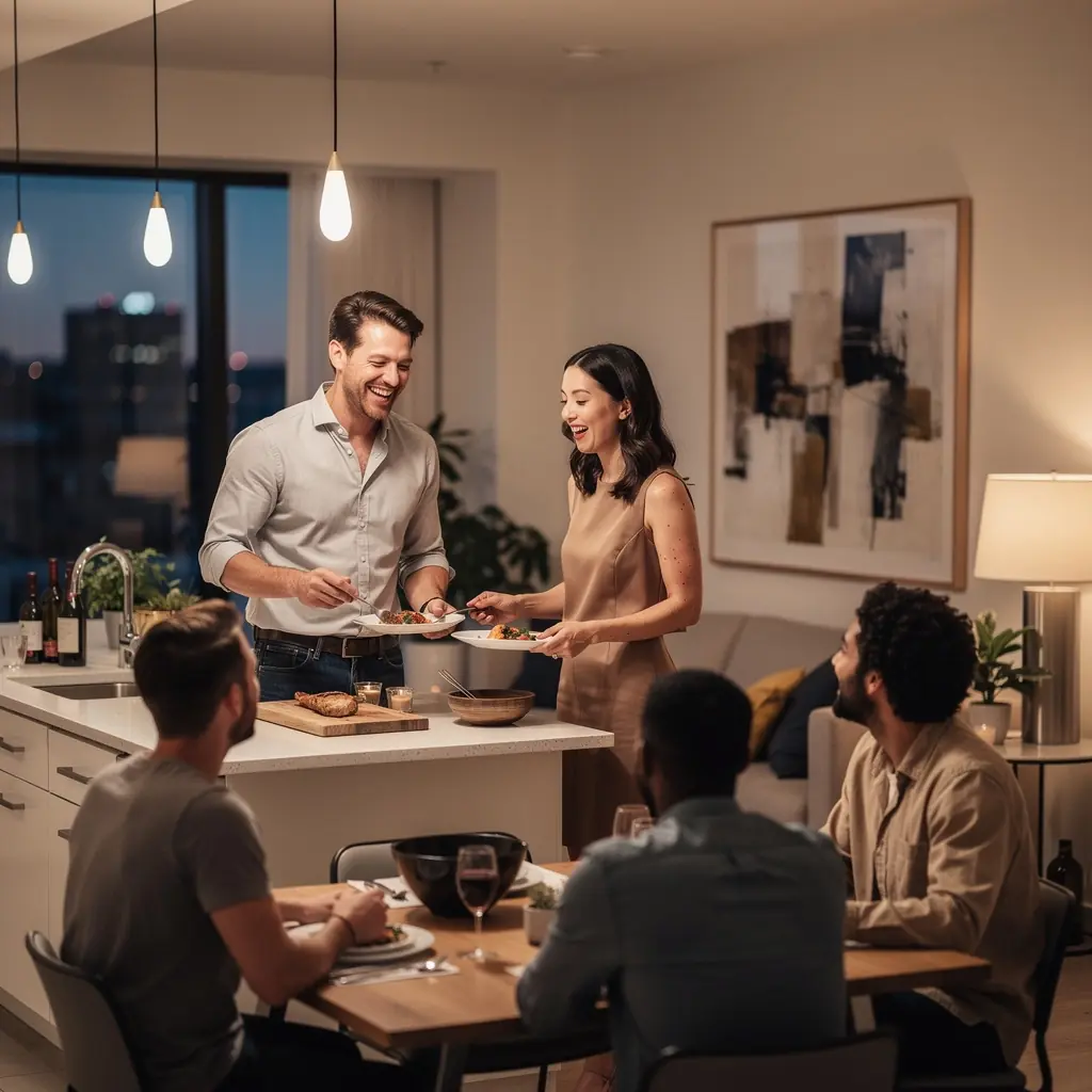 Уютная гостиная с большими окнами и современным декором.